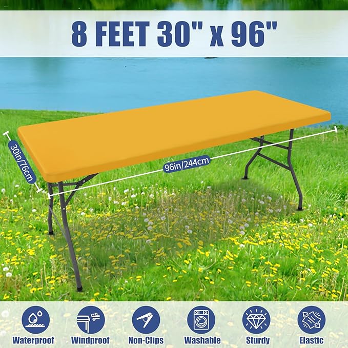 Moosfor Spandex 8 Foot Rectangle Table Cloth 2 Pack, Elastic Fitted Tablecloths for Picnic, Stretch Washable Patio Table Cover for Outdoor, Camping, Banquet and Parties (Mustard Yellow, 30"x96")
