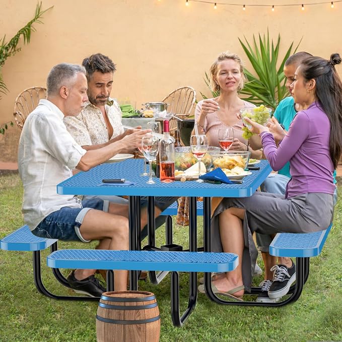 Heavy Duty Picnic Table with Umbrella Hole, Expanded Meta Outdoor Metal Patio Dining Table & Outdoor Bench Set, Steel Mesh Dining Furniture for Garden, Lawn, Patio (47 INCH Blue Square Table)