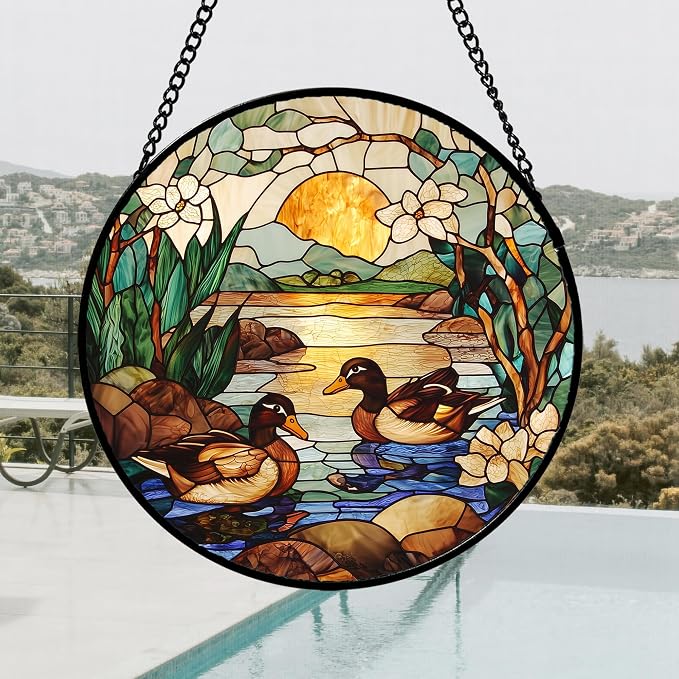 Stained Glass Window Hanging, Ducks in the Pond Sun Catcher for Door Home Decor Landscape Plant Suncatcher Christmas Mother's Day Birthday Gifts for Women Men Mom Nana 6.3 in