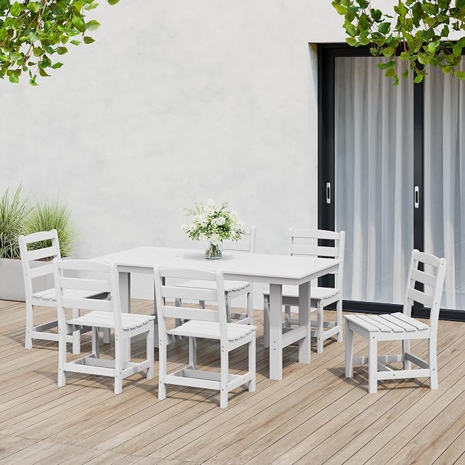 Costaelm Palms 7-Piece HDPE Outdoor Rectangular Patio Dining Table Set with Side Chairs, White