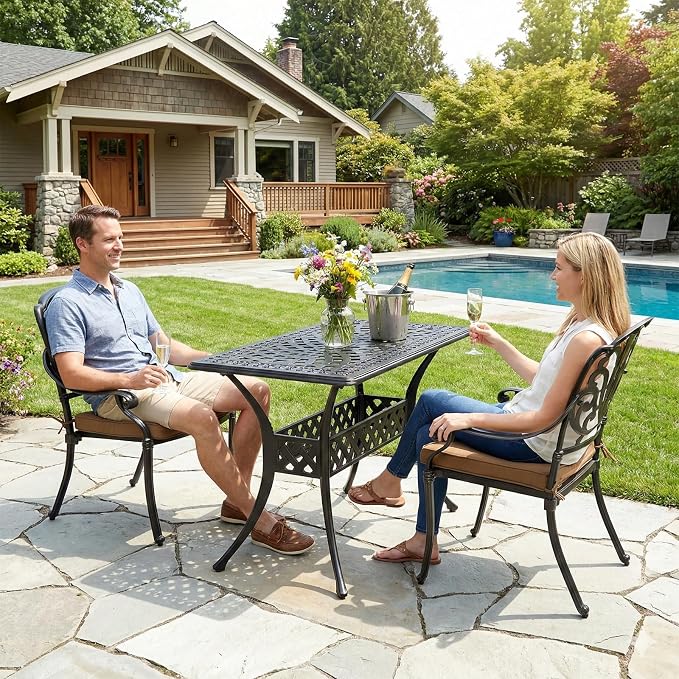 MEETWARM Outdoor Dining Table, All-Weather Cast Aluminum 42" Rectangle Patio Dining Table, 200 LBS Heavy Duty Patio Bistro Table for Balcony Poolside Deck Garden & Indoor Use, Dark Bronze