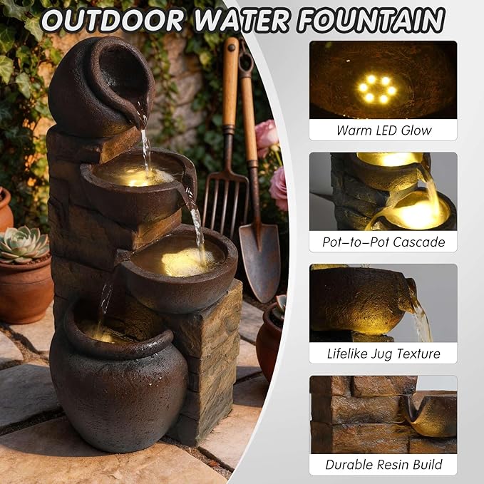 Outdoor Water Fountain with LED Lights, 4 Tier Cascading Pot Waterfall, 25.6" Rustic Jug Fountain with Pump for Garden, Patio, Yard, Porch, Backyard Decor, Brown