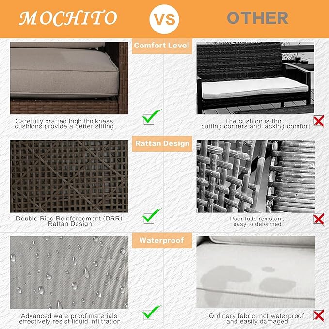 MOCHITO 6 Pieces Outdoor Patio Furniture Sets, All-Weather Sectional Sofa PE Rattan Wicker Conversation Set, Outdoor Patio sectional for Poolside, Porch, Lawn, Garden, Balcony(Beige)