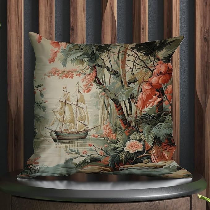 Moore Manor Antique Chinoiserie Pillowcase Vintage Boats and Flowers Throw Pillow Cover Retro Decorative Cushion Cases Home Decor for Patio Couch Sofa Office 18x18 in