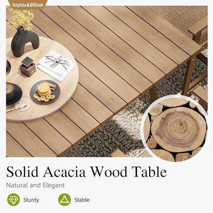Sophia & William Patio Table and Chairs Set, 7-Piece Rattan Outdoor Dining Set Acacia Wood Patio Dining Sets for Yard, Garden, Porch and Poolside(Light Brown)