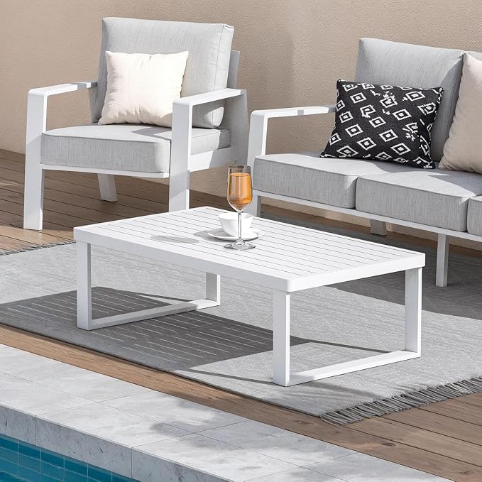 Aluminum Outdoor Patio Coffee Table for Deck and Poolside(White, All-Aluminum)
