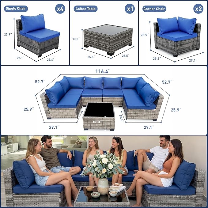 7-Piece Outdoor Wicker Furniture Set, PE Rattan Sectional Sofa with Coffee Table, All-Weather Patio Conversation Set with Thick Cushions for Backyard (Bule)