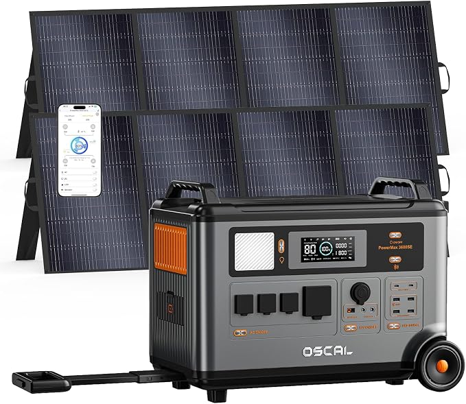 OSCAL 3600W Portable Solar Power Station with 2x400W Solar Panels, PowerMax 3600SE 3600Wh Solar Generator, 1800W AC/ 1600W Solar Fase Charging, LiFePO4 Battery Power Station for Home, RV, Emergencies