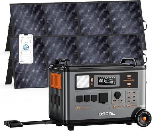 OSCAL 3600W Portable Solar Power Station with 2x400W Solar Panels, PowerMax 3600SE 3600Wh Solar Generator, 1800W AC/ 1600W Solar Fase Charging, LiFePO4 Battery Power Station for Home, RV, Emergencies