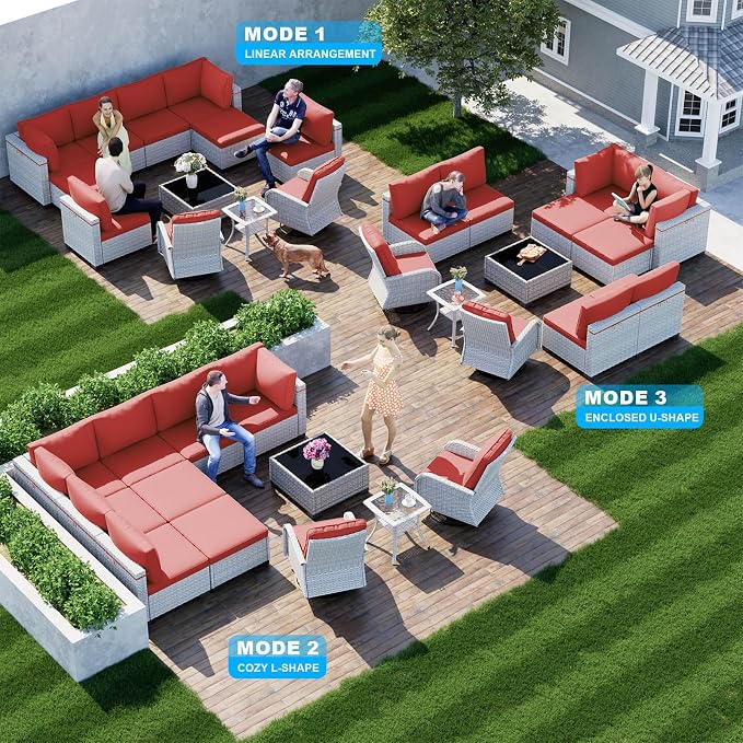 12-Piece Patio Furniture Set, Outdoor Patio Furniture with Swivel Chairs Set, Ottomans, Modular Patio Sofa, Dual-Strand Wicker Rattan, Rust-Resistant Frame, Red