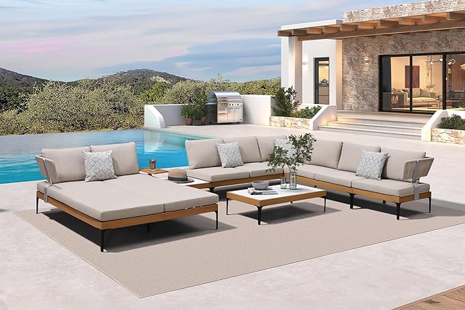 PURPLE LEAF 7 Pieces Patio Furniture Set with Daybed Tables Outdoor Wicker Sectional Conversation Sets Modern Aluminum L Shaped Sofa for Balcony Yard Garden Poolside, Cushions and Pillows Included