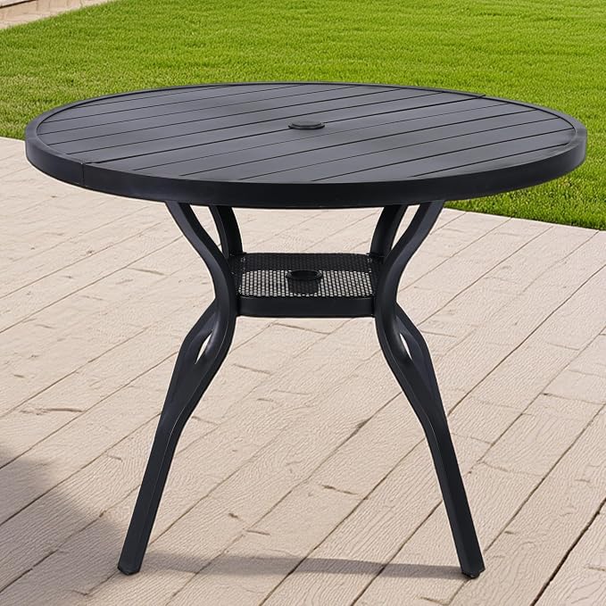 41" Round Outdoor Dining Table for 4 Person, Metal Patio Dining Table with Adjustable Umbrella Hole, Partitioned Storage Shelf for Garden, Backyard and Porch, Black