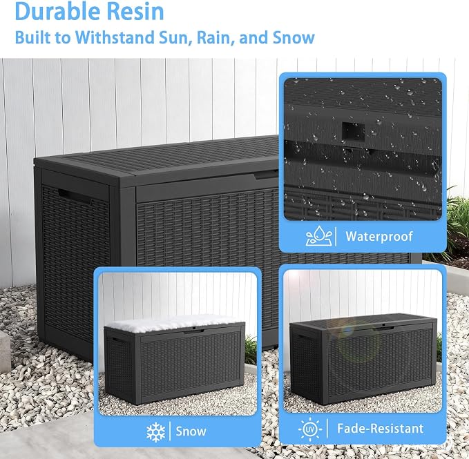 Pepe Tee Waterproof Resin Deck Box, Outdoor Storage Bin for Patio Furniture Cushions, All-Weather Garden Organizer & Seating Bench, Black