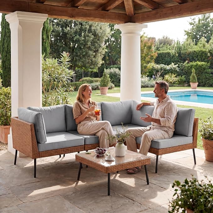 Aoxun 5-Piece Patio Furniture Set, Wicker Outdoor Furniture with Water Resistant Thick Cushions, Patio Conversation Set Outdoor Sectional Sofa with Coffee Table for Backyard Poolside, Light Grey