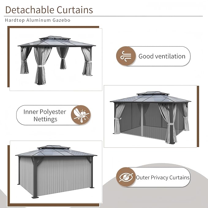 12’x14’ Hardtop Gazebo with Double Polycarbonate Roof Outdoor Metal Gazebo Sturdy Aluminum Frame & Removable Curtains, Netting Permanent Pavilion Pergola for Garden,Patio,Lawn (Gray)