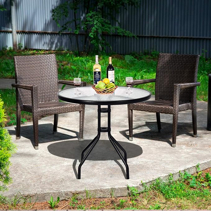S AFSTAR Outdoor Bistro Table, Tempered Glass Patio Table with Convenient Umbrella Hole, Outside Dining Table, Round Patio Bistro Table for Deck Balcony Lawn Pool Backyard, 28”H x 32” D (Black)