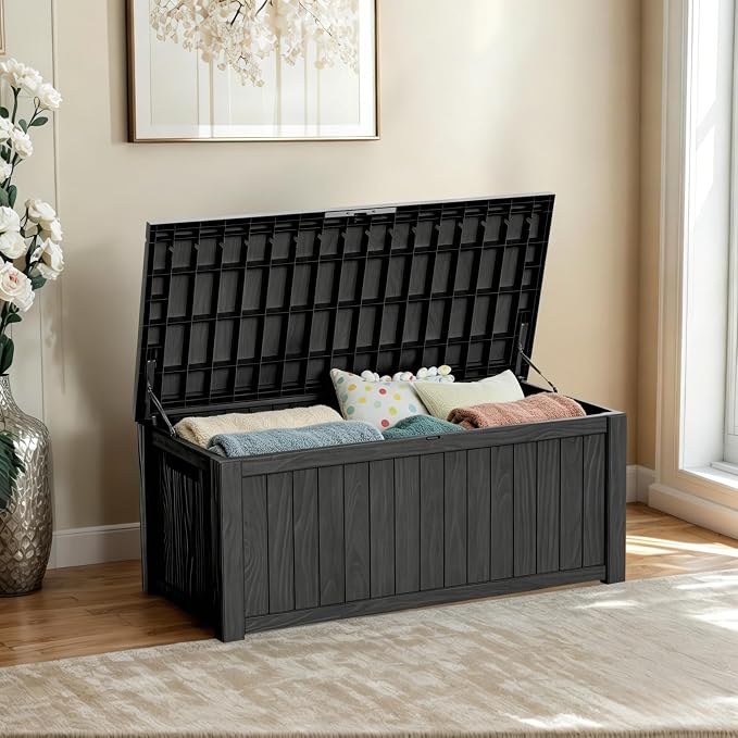 Outdoor Storage Deck Box, Large Patio Container for Garden Tools, Cushions and Yard Accessorie.Lockable Waterproof Resin Weatherproof Storage Container (Black, 150 Gallon)