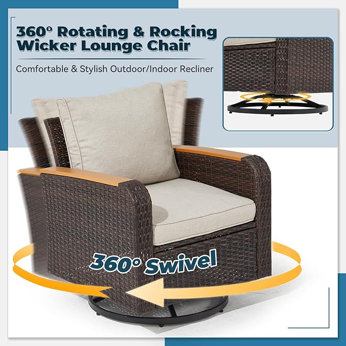 6 Pieces Outdoor Furniture Set with Swivel Chairs, Wicker Patio Furniture Sofa Couch for Porch Deck Bistro Lawn Garden Backyard Poolside-Brown Rattan/Khaki