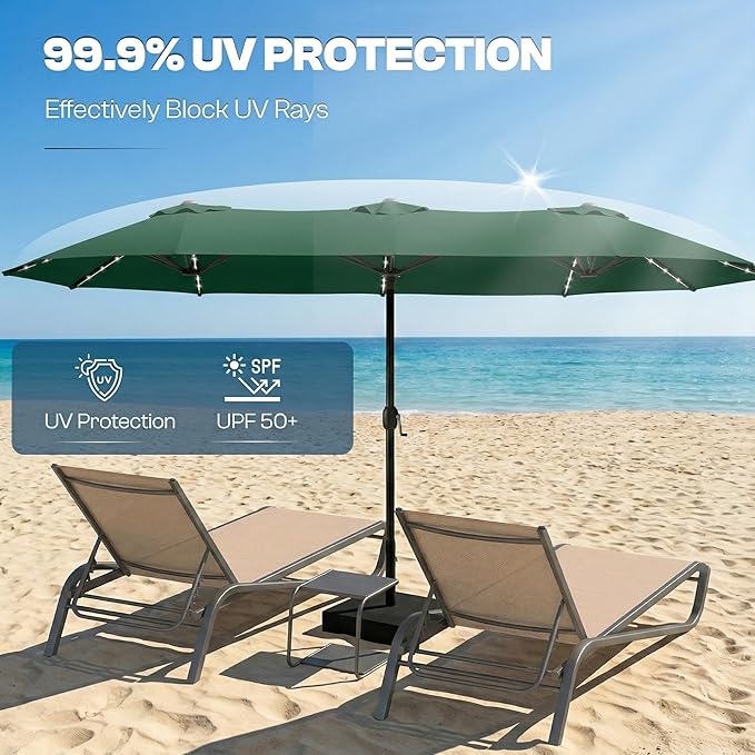 15FT Large Outdoor Patio Umbrella with Solar Lights and Base, Double-Sided Table Umbrellas with 48 LED Lights, Rectangle Market Umbrella for Pool, Deck, Backyard
