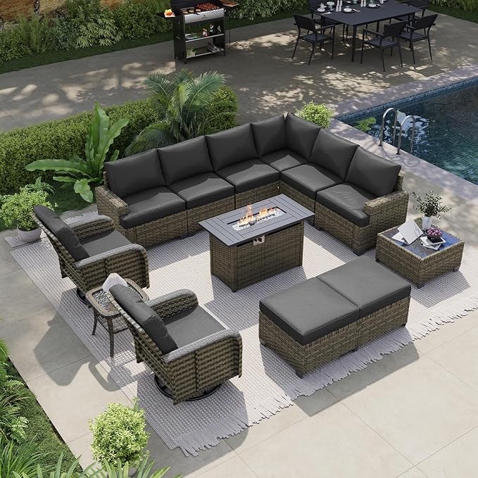 LET'S PATIO Luxury Patio Furniture Set with Fire Pit Table, 13 Piece Outdoor Furniture Set with Swivel Rocker Chairs & Ottomans, All-Weather Patio Sectional Sofas with Thickened Cushions, Black