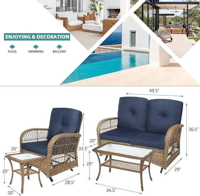 MEETWARM 5 Pieces Outdoor Wicker Patio Conversation Sets with Glider Loveseat, 2 Chairs with 2 Glass-Top Coffee Table Wicker Rocking Glider Set, Wicker Conversation Set w/Thickened Cushions, Navy Blue