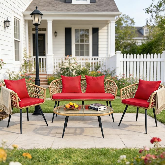 4 Piece Patio Furniture Set,Outdoor Conversation Set with Wicker Sofa, 2 Rattan Chairs and Glass Table, Patio Bistro Set with All Weather Cushions, for Garden, Porch, Backyard (Red)