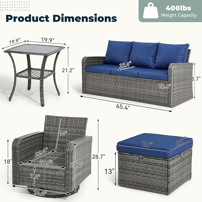 6 Pieces Outdoor Furniture Set with Swivel Chairs, Wicker Patio Furniture for Porch Deck Bistro Lawn Garden Backyard Poolside-Blue