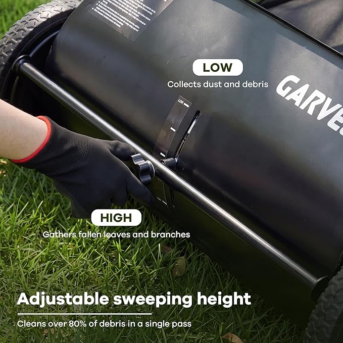 Garvee Push Lawn Sweeper, 26 in Leaf & Grass Collector with 7 Cu. ft. Hopper Bag, 4 Spinning PP Brushes, Durable Steel Construction, Adjustable Height & Rubber Tires for Leaves Grass Cleanup