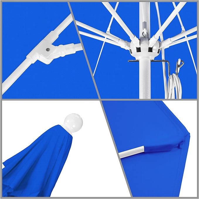 California Umbrella 11Ft Commercial Grade Market Umbrella, Pulley Lift, Aluminum/Fiberglass, 2mm pole wall, White Frame, Solution Dyed Royal Blue Fabric