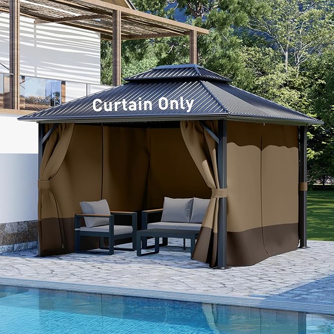 Aoodor 10x12 ft Outdoor Gazebo Curtains, 4 Panels Waterproof Privacy Sidewall Replacement with Zipper for Patio Pergola and Canopy, Light Coffee and Coffee