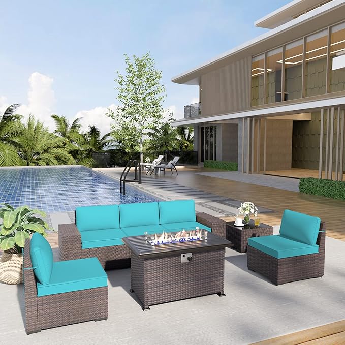 Patio Furniture Sectional Sofa Set 7-Pieces PE Rattan Patio Conversation Set w/43in Gas Fire Pit Table, Outdoor Furniture with 55000 BTU Propane Fire Pit, Blue