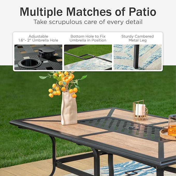 PHI VILLA 7 Piece Outdoor Table and Chairs Set, 2 Swivel & 4 Fixed Patio Chairs and PVC Wooden-Like Table with Umbrella Holes, All Weather Patio Furniture Set for Deck Garden Yard
