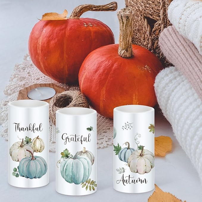 Retisee 3 Pcs Farmhouse Thanksgiving Flameless LED Candles Thanksgiving Battery Operated Candles with Remote Control Thankful Grateful Pumpkin Decor for Table Centerpiece Bedroom Autumn Harvest Decor