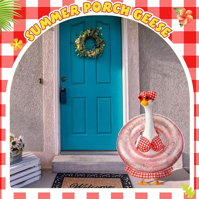 Bikini Porch Goose Outfits with Sunglasses and Swimming Tube for 23" Summer Goose Costume Garden Patio Statue Decor(Red Plaid)