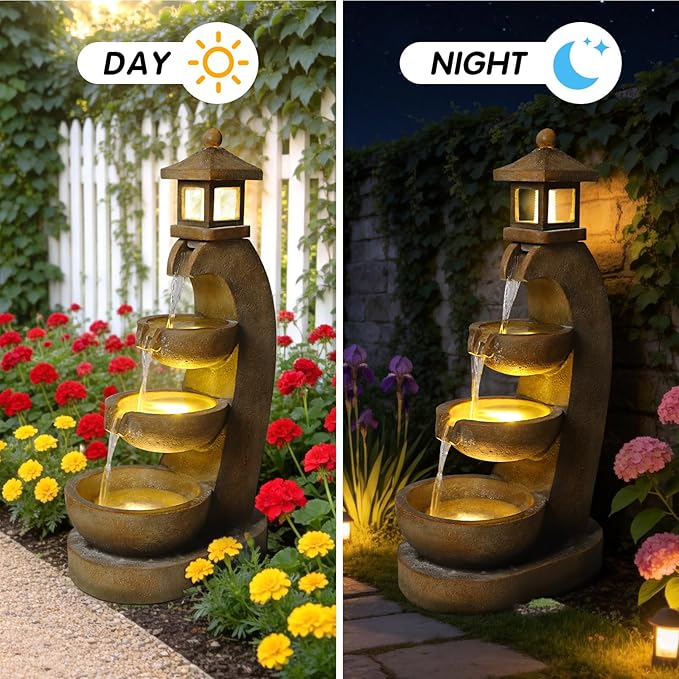 35.4" H Modern Lighthouse Outdoor Water Fountain with LED Lights and Pump, Floor Standing Waterfall Feature Outdoor Garden Fountain for Garden, Porch, Patio and Backyard Decor, Brown