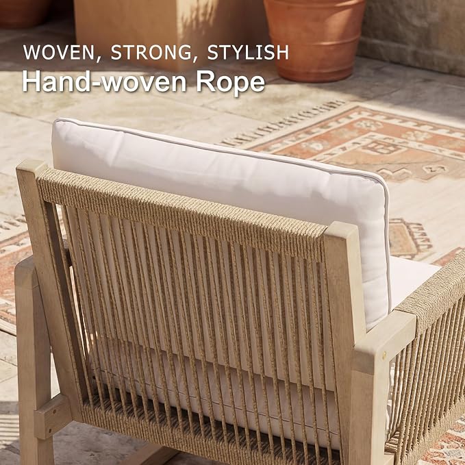 SUNSITT 4-Piece Acacia Wood Patio Furniture Set, Outdoor Conversation Sofa Set with 3-Seat Sofa, 2 Rope Woven Outdoor Club Chairs & Slatted Coffee Table, Cream White Cushions for Porch, Backyard, Deck
