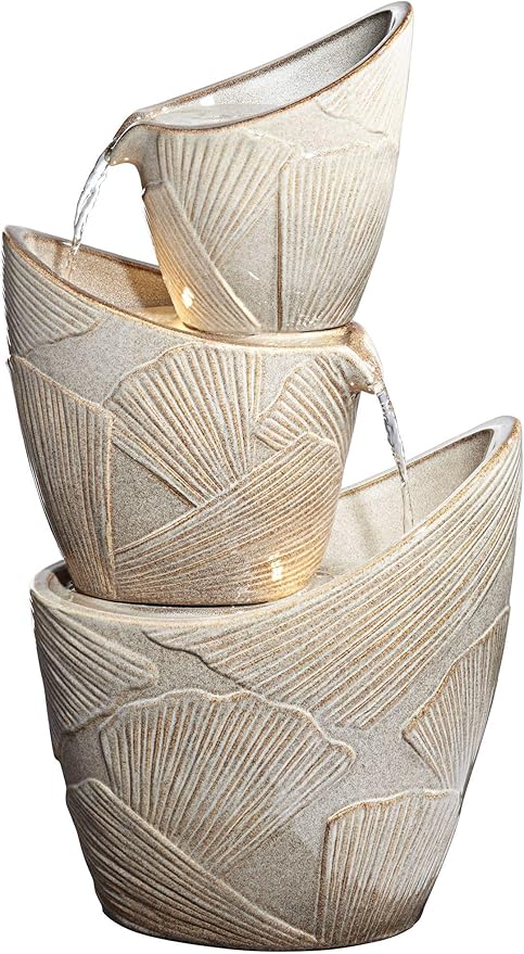 Three Urn 30" High Large Coastal Modern Indoor Outdoor Decor Faux Stone Floor Fountain with Light LED Waterfall Cascading Water Feature for Outside Garden Patio Yard Backyard - John Timberland