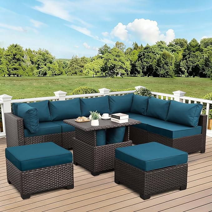 9 Pieces Wicker Patio Furniture Set Outdoor PE Rattan Sectional Conversation Sofa Set with Peacock Blue Cushions and Storage Table
