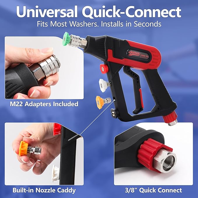 Short Pressure Washer Gun with Swivel, 5000 PSI Power Washer Gun, 3/8" Quick Connect, M22-14mm and M22-15mm Adapter, 5 Nozzle Tips, Trigger Lock for Car Wash and Cleaning