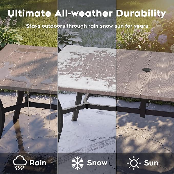 37.8'' Outdoor Dining Table for 4, Black Metal Patio Dining Table with 1.97'' Umbrella Hole,Anti-Rust Waterproof Square Table for Porch Deck Poolside Garden Backyard