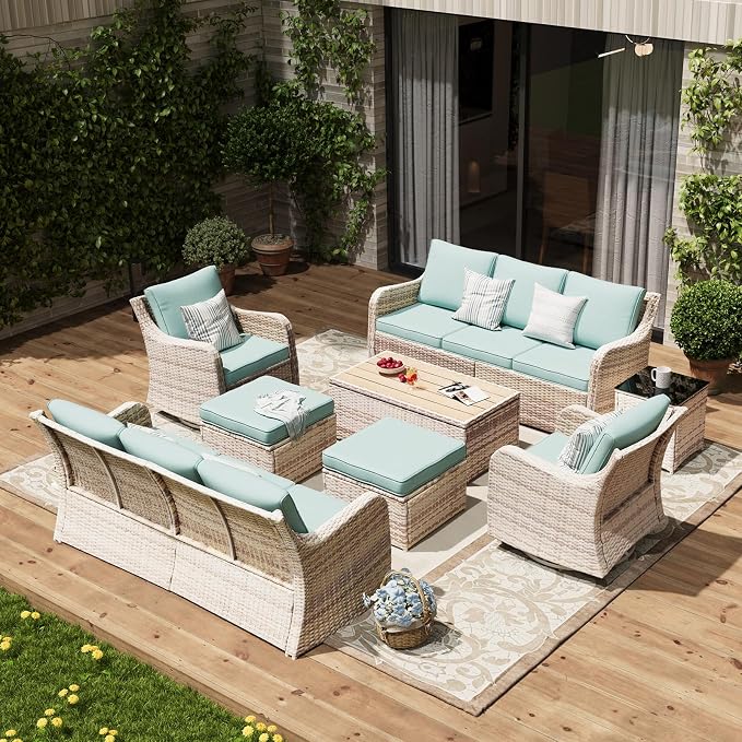MEISSALIVVE Outdoor Patio Furniture Set with Swivel Chair, 8 Pieces Patio Conversation Set, Patio Sectional Furniture Set with 2 Three-seat Sofa, 2 Ottomans and Coffee Table (Blue)