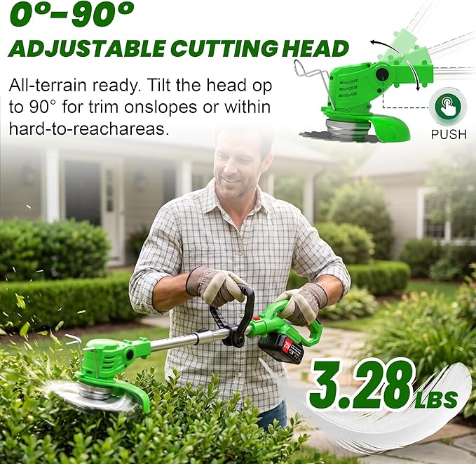 Cordless Weed Wacker Electric Eater Battery Powered, 3 in 1 Lightweight Portable Stringless Weed Trimmer 21V x 2 Battery Operated, Grass Trimmer/Brush Cutter/Lawn Edger with Wheels for Garden Yard