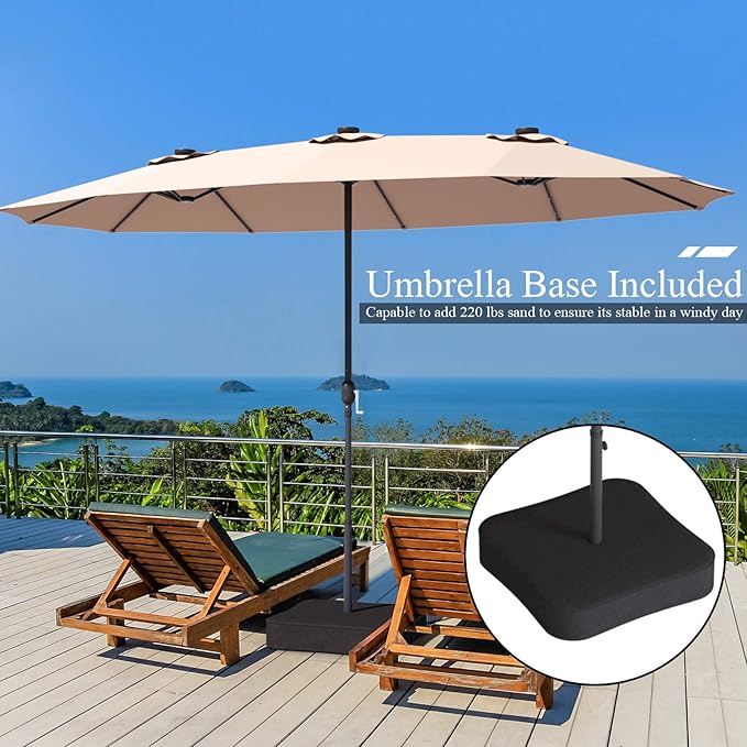 Tangkula 15 Ft Solar Patio Umbrella with Base, Extra Large Outdoor Double-Sided Twin Umbrella with 36 LED Lights & Crank Handle for Garden, Deck, Poolside, Patio (Beige)