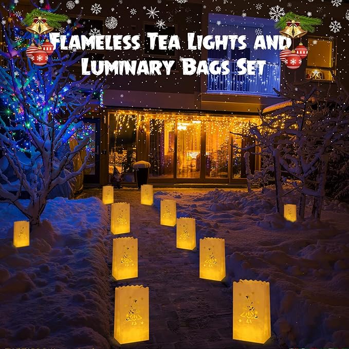 Sabary 50 Sets Luminary Bags with Flameless Tea Lights Outdoor Luminaries LED Lantern Candle Bags for Wedding Birthday Ramadan Christmas Party Decorations Romantic Decor(Xmas Tree)