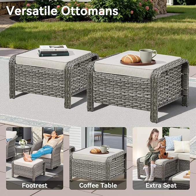 Belord 5 Pieces Patio Furniture Sets - All Weather Outdoor Swivel Rocker Patio Chairs with 3-Seat Sofa and Multifunctional Ottomans, Outdoor Conversation Set for Porch Balcony Yard Grey/Beige