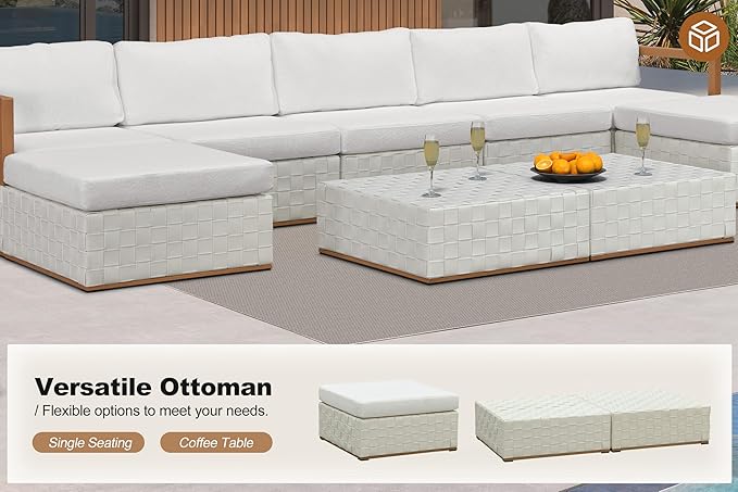 PURPLE LEAF Patio Outdoor Furniture Set 8 Pieces, Premium Leather Outdoor Couch Sectional Sofa, L-Shaped Patio Conversation Sets with Olefin Cushions, Patio Couch for Porch, Balcony, Garden, White
