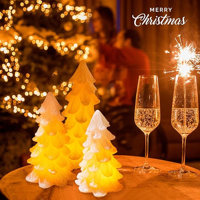 White Glittering Christmas Tree Shaped Flameless Candles with Timer, Real Wax Flickering Battery Operated LED Candles for Christmas Home Party Decoration Set of 3