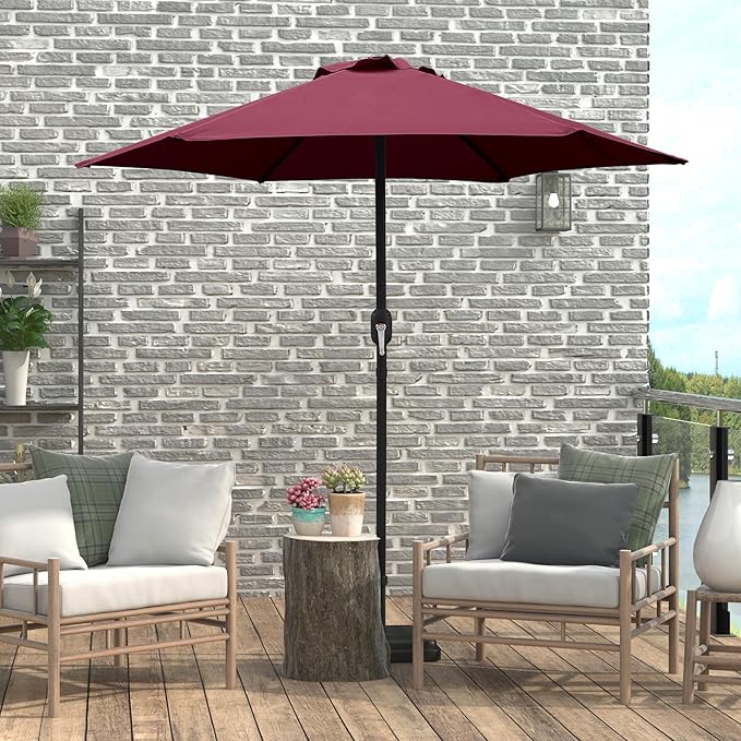 7.5 Ft Patio Umbrella with Crank Weather Resistant Outdoor Umbrella Durable 6 Sturdy Steel Ribs Outdoor Market Umbrella for Deck Garden Pool Yard Cafe, Burgundy