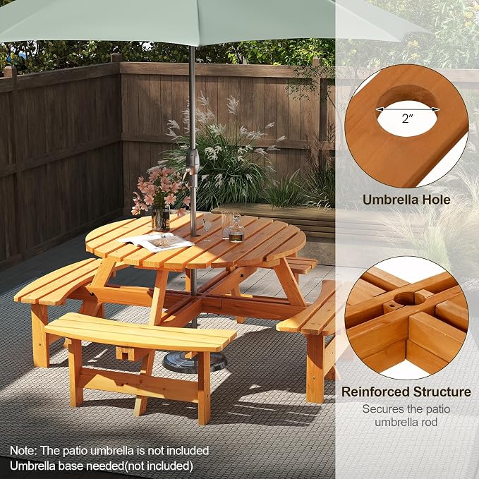 HAPPYGRILL 8-Person Wood Picnic Table Bench Set, Round Camping Table w/Umbrella Hole, Circular Outdoor Table w/4 Built-in Curved Benches, for Patio, Garden, Backyard, Porch (Yellow)