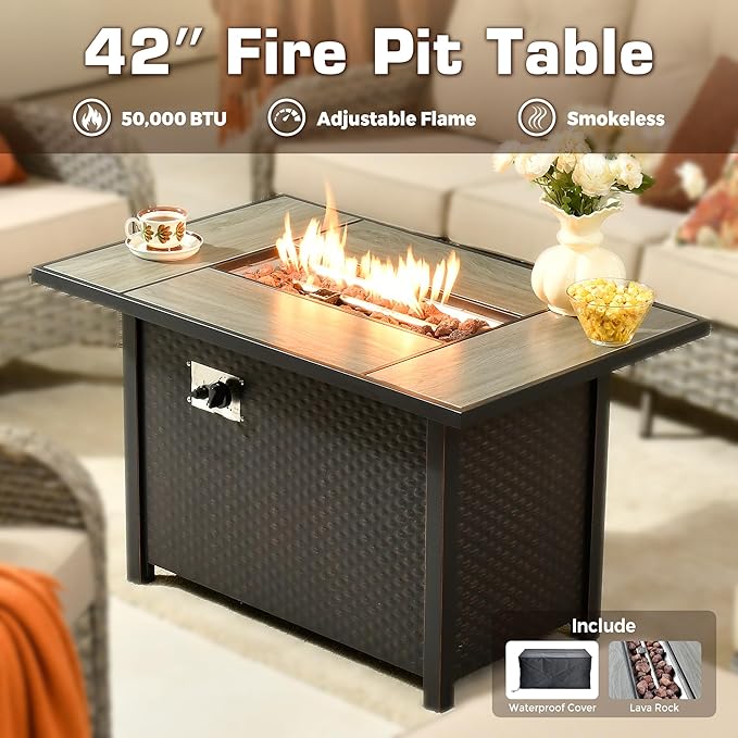 6-Piece Outdoor Patio Furniture Set with Fire Pit Table,All Weather Wicker Rattan Patio Seating Sofa and Chair Set with Ottomans,Outdoor Conversation Sets with 3 Seater Couch for Porch Deck Yard,Beige